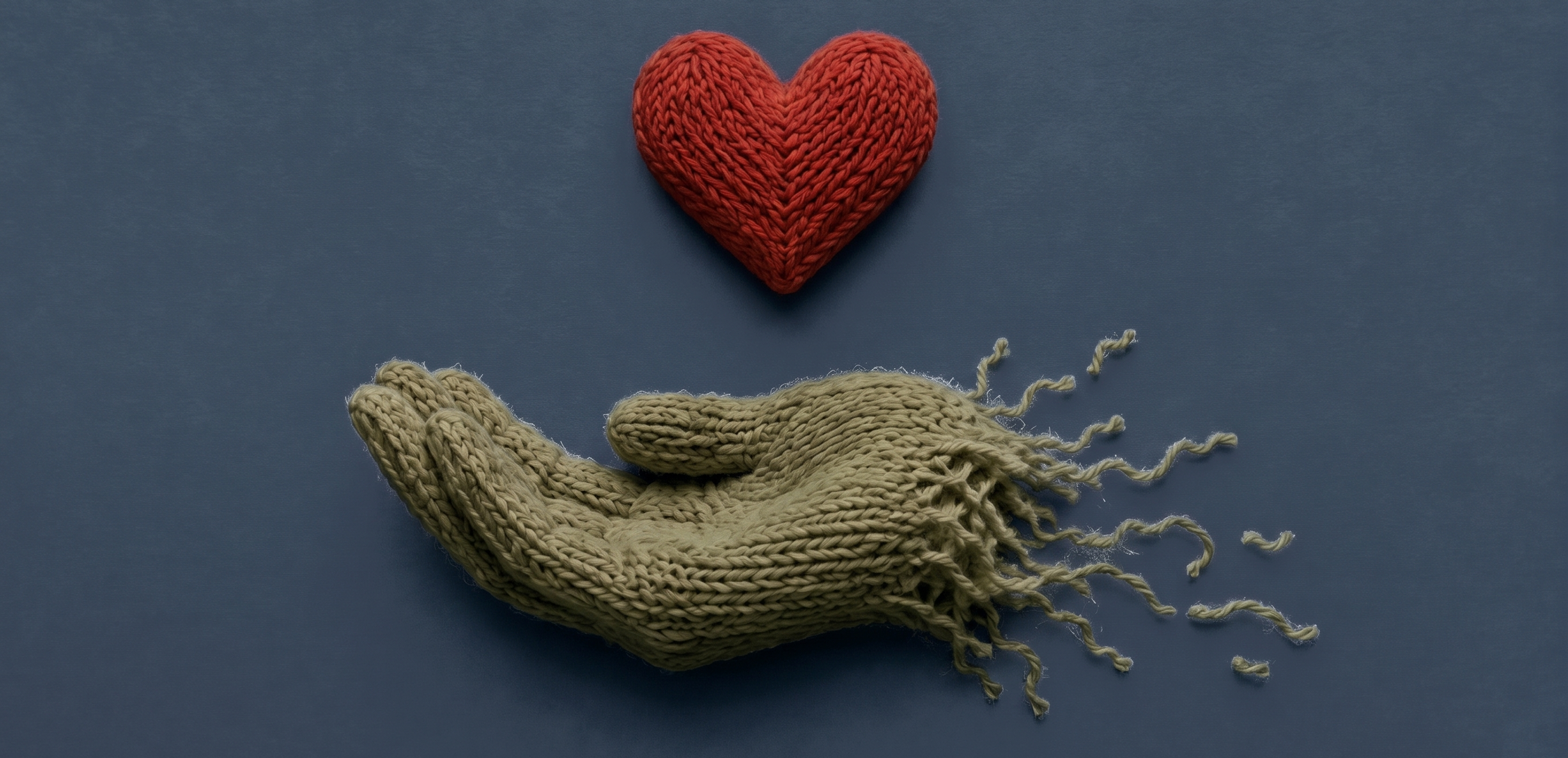A knitted red heart resting above a knitted hand, unravelling at the wrist.
